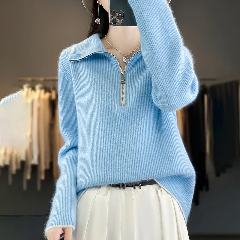 VILZSTUDIOS Cozy Wool Zip-Up Sweater Pullover Womens