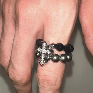 VILZSTUDIOS Gothic Double Layer Rhinestone Cross Ring