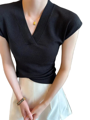 VILZSTUDIOS Sexy White V-Neck Knit T-Shirt