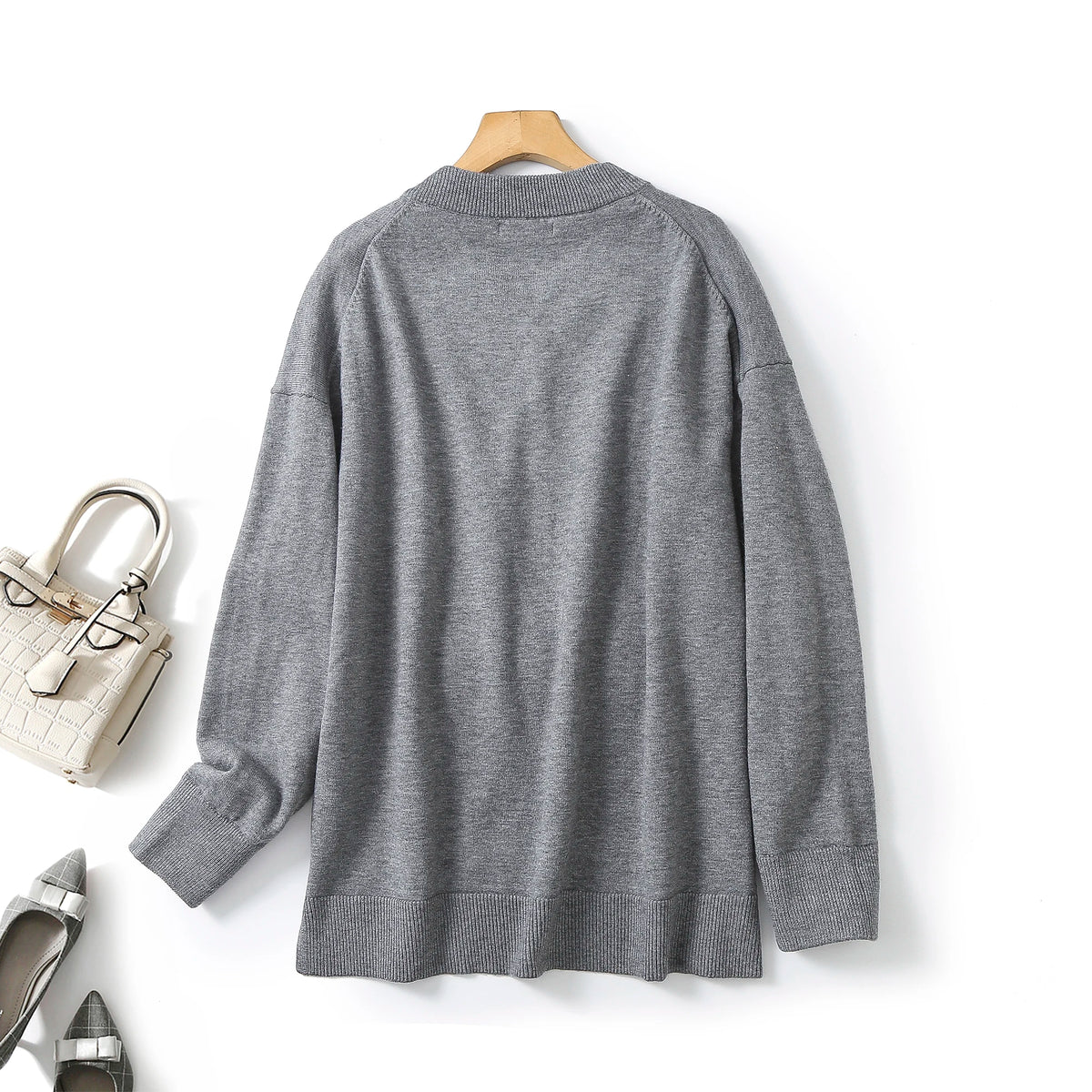 VILZSTUDIOS Grey Wool Blend V-Neck Sweater