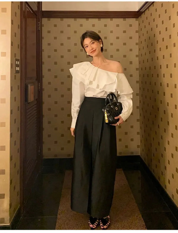 Elegant Double Ruffle One Shoulder Blouse