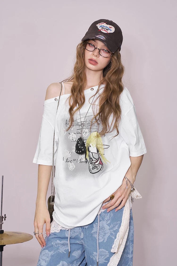 VILZSTUDIOS Cool Printed Off Shoulder Sleeve T-Shirt