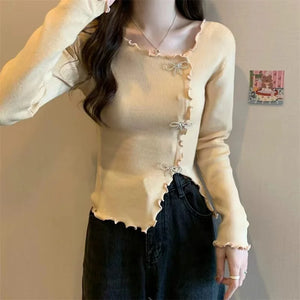 VILZSTUDIOS Irregular Knitted Bow Buttons Sweater
