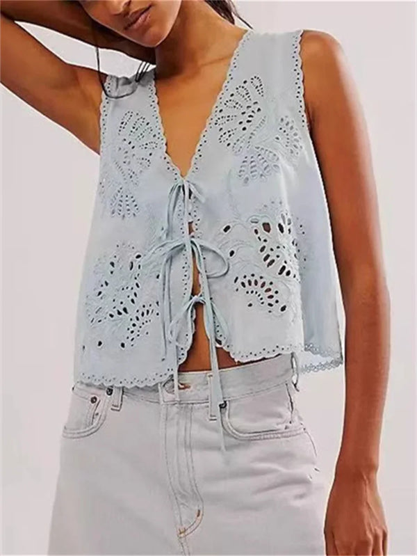 Vintage Lace-Up Embroidered V-Neck Blouse