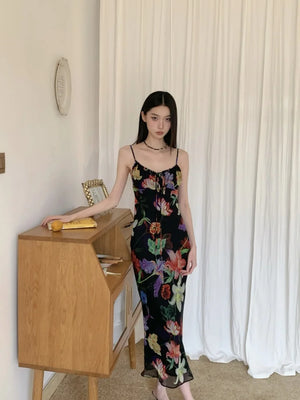 VILZSTUDIOS Black Floral Vacation Bodycon Slip Dress