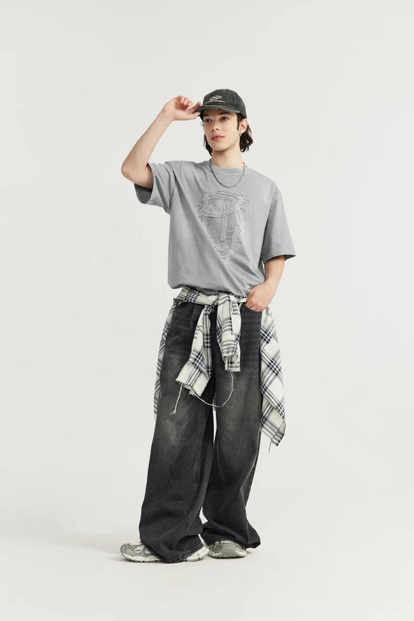 Acid Washed Patch Embroidery Oversize T-Shirt