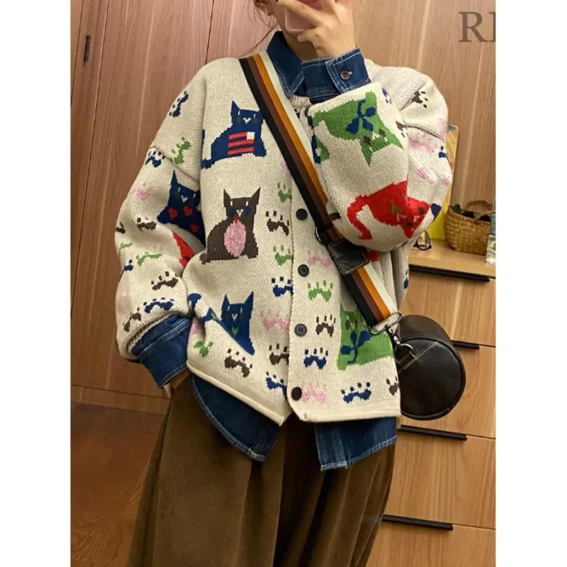VILZSTUDIOS Cozy Oversized Cat Print Cardigan