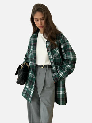 VILZSTUDIOS Women's Green Plaid Flannel Shirt
