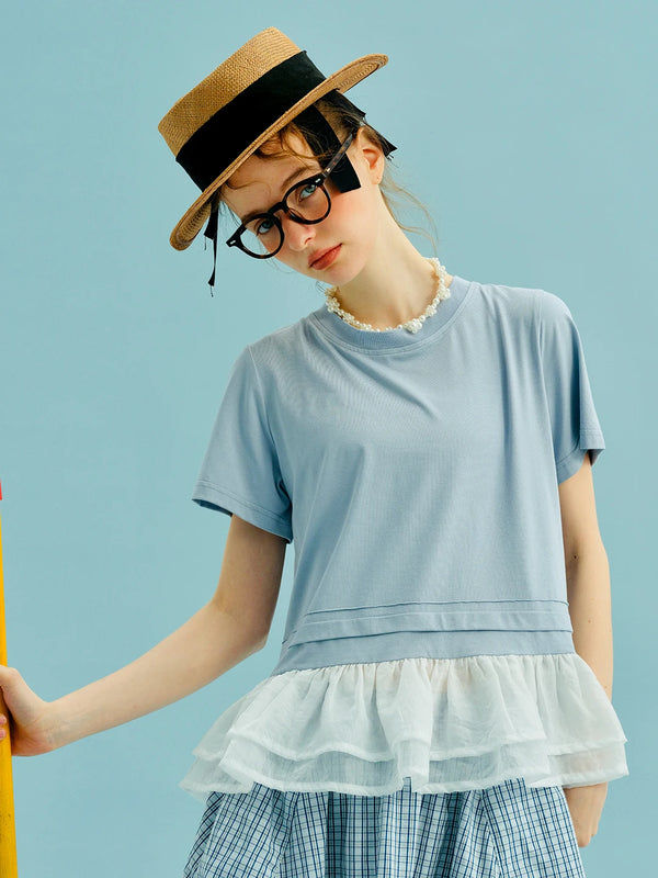 Light Blue Ruffle Hem Boho Shirt