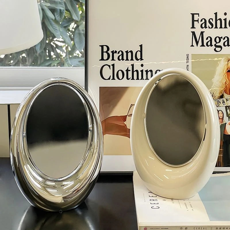 VILZSTUDIOS Korean Creative Oval Makeup Mirror Laser Double-sided Cosmetic Mirror Living Room Dressing Table Rotatable Mirror Home Decor