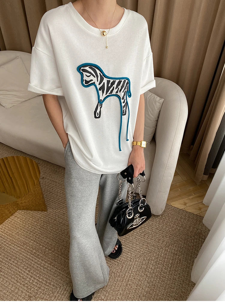 VILZSTUDIOS Zebra Print Oversized Casual T-Shirt