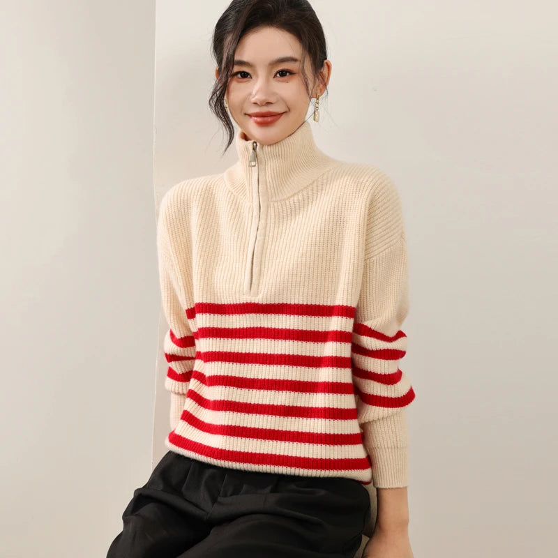VILZSTUDIOS Warm Wool Striped High Collar Sweater