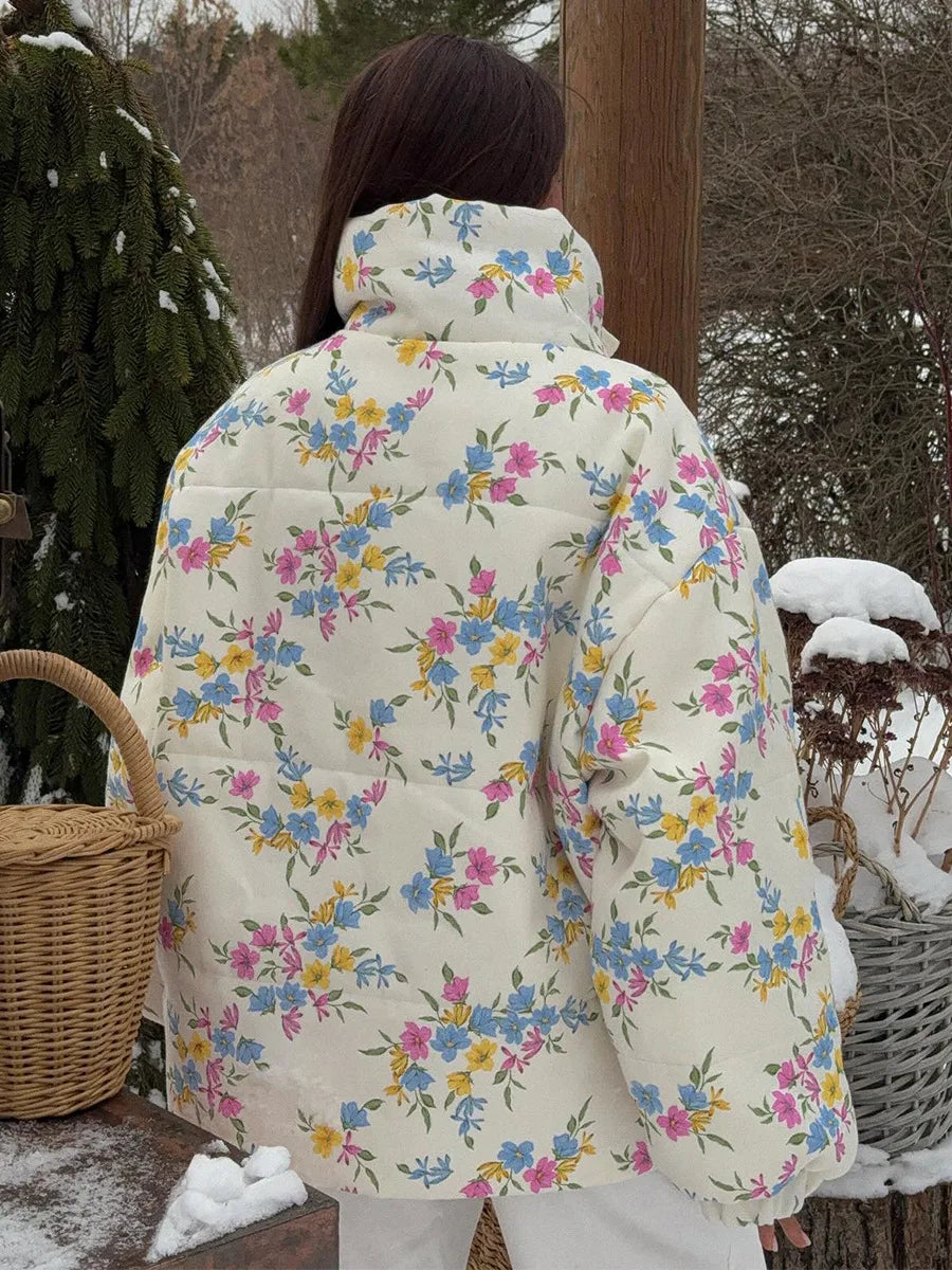 VILZSTUDIOS Cozy Floral Print Oversized Puffer Jacket