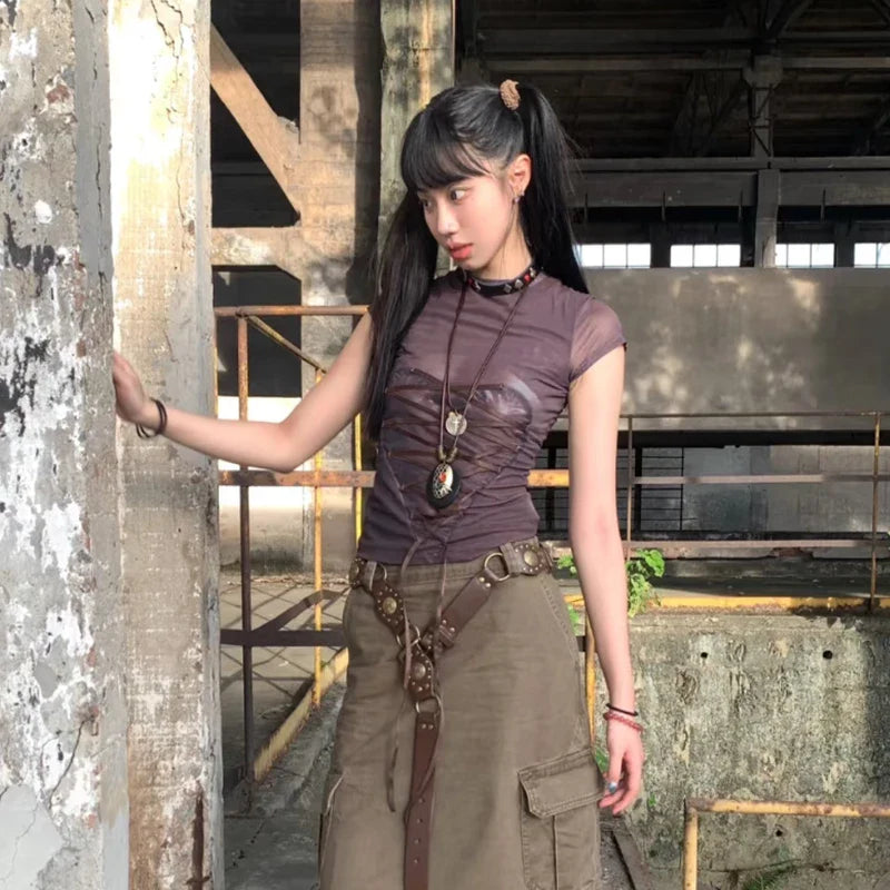 VILZSTUDIOS Vintage Lace-Up Japanese Graphic T-Shirt
