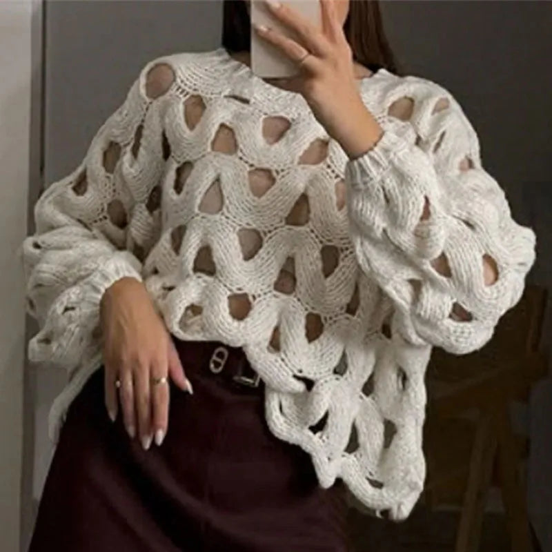 VILZSTUDIOS Chic Hollow Out Crew Neck Sweater