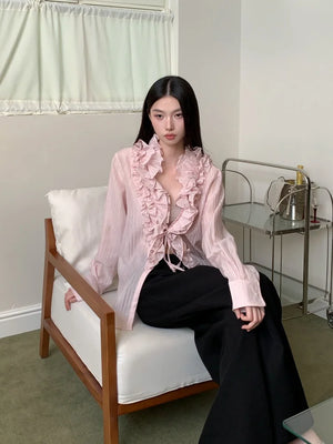 VILZSTUDIOS Ruffled Sheer Long Sleeve Designer Shirt