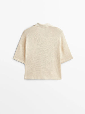 VILZSTUDIOS Beige V-Neck Knit Short Sleeve Sweater