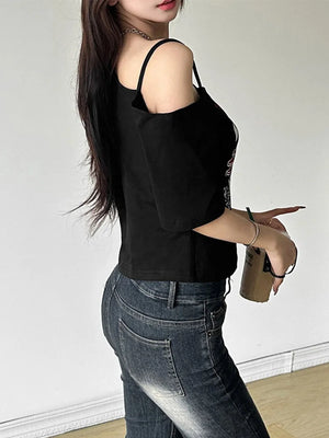 VILZSTUDIOS Gothic Letter Print Cropped Off Shoulder T-Shirt