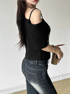 VILZSTUDIOS Y2K Letter Print Off Shoulder Crop Top