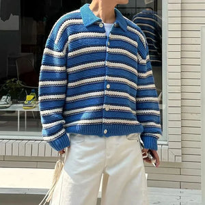 VILZSTUDIOS Vintage Striped Crochet Button-Up Cardigan