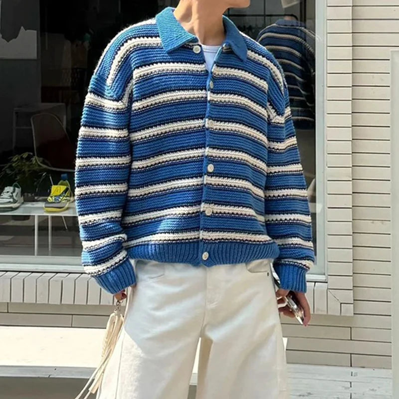 VILZSTUDIOS Vintage Striped Crochet Button-Up Cardigan