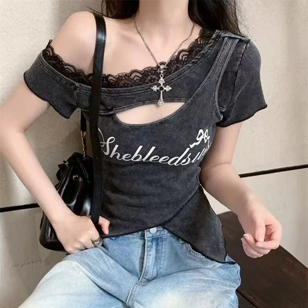 Lace Off-Shoulder Slim Fit T-Shirt