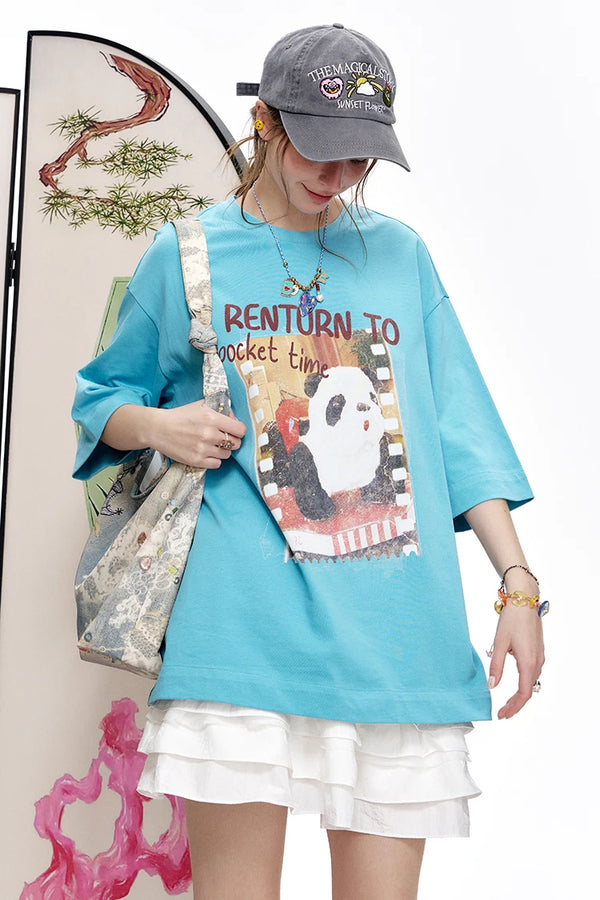 Panda Print Loose Short Sleeved T-Shirt