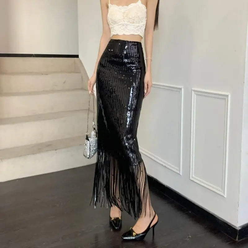 VILZSTUDIOS Sequin Tassel Bodycon High Waist Skirt