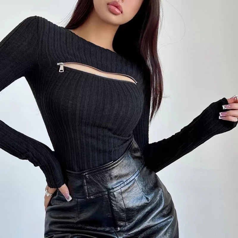VILZSTUDIOS Hollow Out Chest Zipper Knit Sweater
