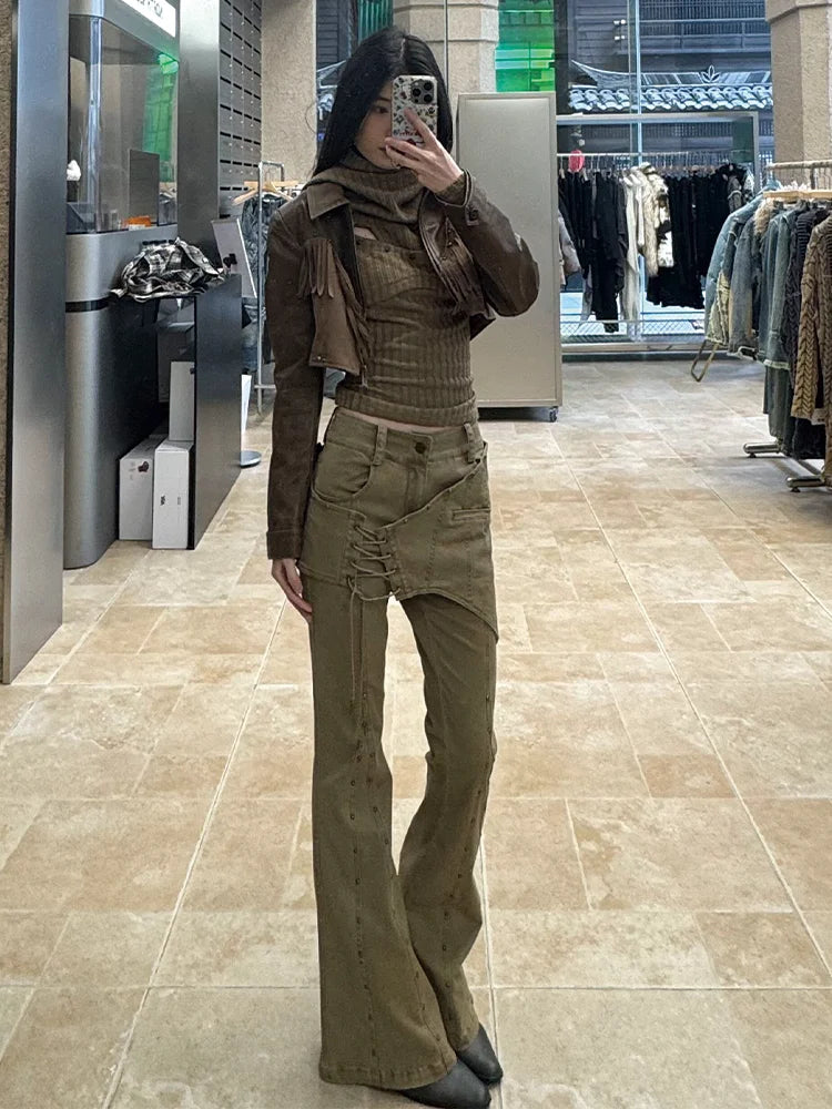VILZSTUDIOS Vintage Khaki Flare Pants Retro Pants