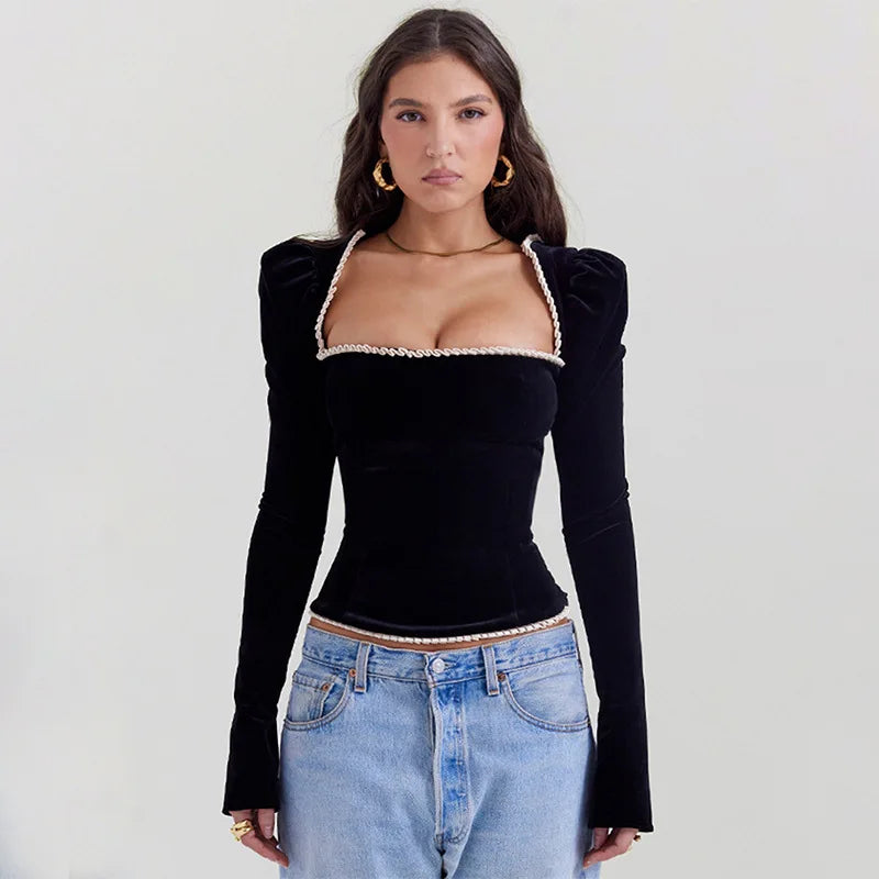 VILZSTUDIOS Black Square Collar Backless Bandage T-Shirt