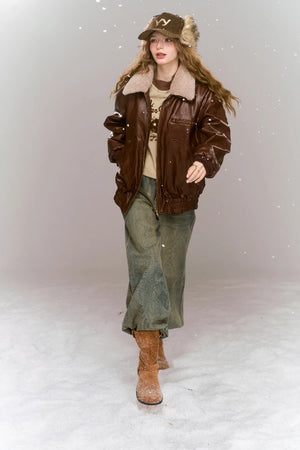 VILZSTUDIOS Vintage Brown Fleece Neck PU Leather Jacket