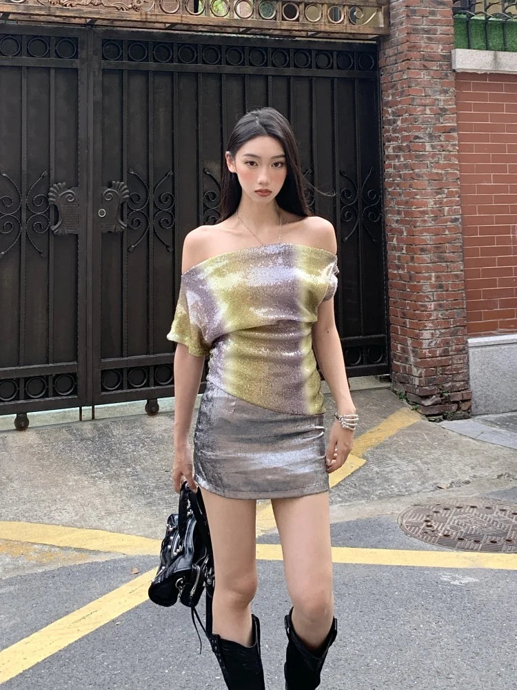 VILZSTUDIOS Gradient Sequin Off Shoulder Blouse & Silver Mini Skirt