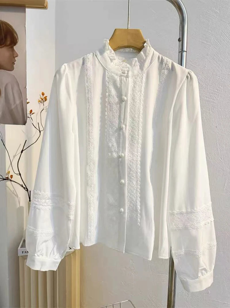 VILZSTUDIOS Lace Splicing Patchwork Stand Neck Shirt