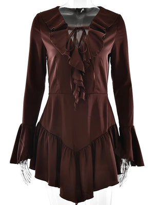 VILZSTUDIOS Elegant Satin Deep V Neck Ruffle