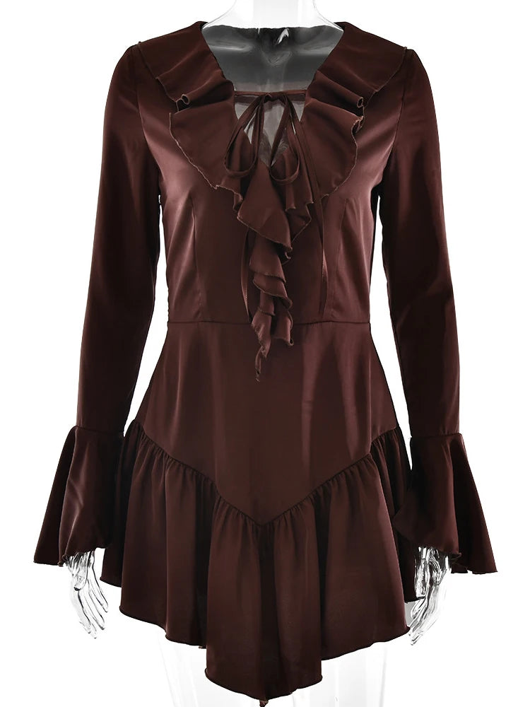 VILZSTUDIOS Elegant Satin Deep V Neck Ruffle
