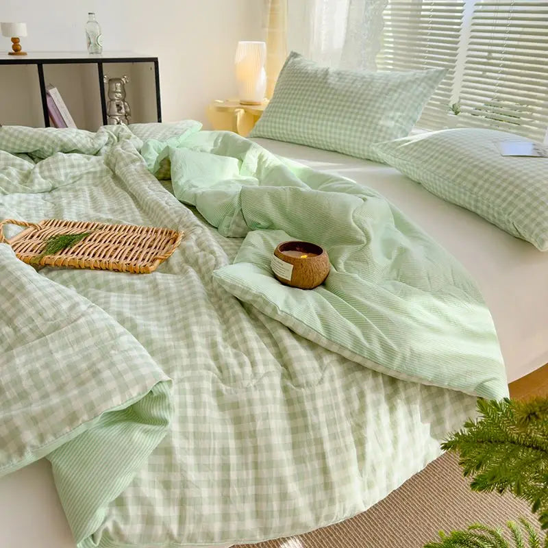 VILZSTUDIOS Lightweight Green Plaid Summer Quilt Blanket