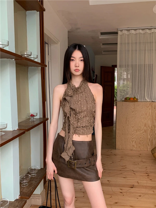 Brown Ruffles Cropped Halter Top