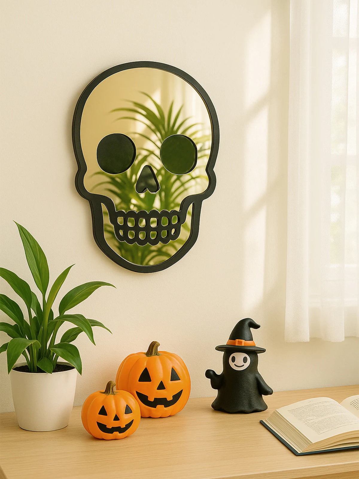 VILZSTUDIOS Halloween Skull Shaped Acrylic Wall Mirror Black Frame Wall Hanging Golden Decorative Mirror for Home Living Room & Bedroom Gift