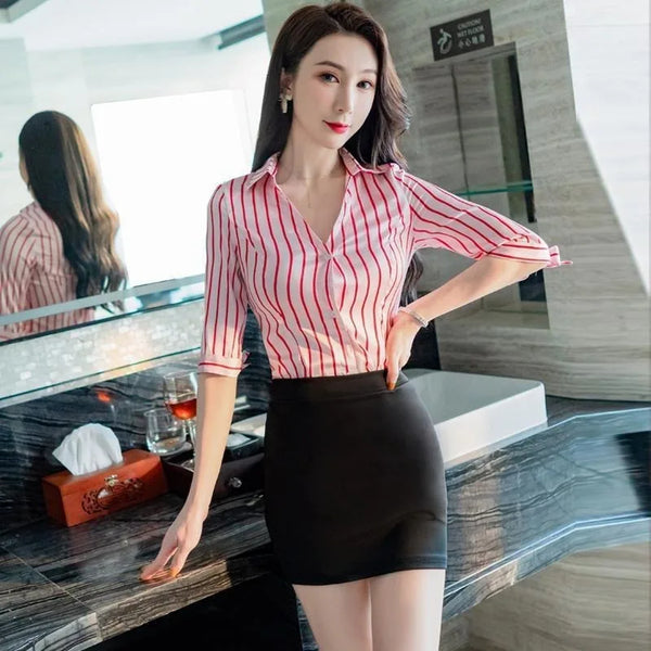 Striped Long Sleeve V-neck Shirt & Skirt Set