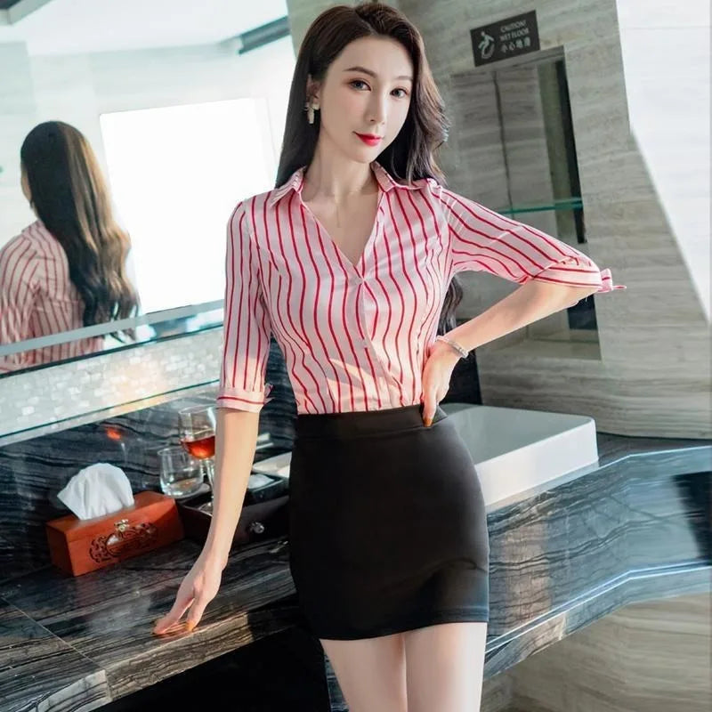 VILZSTUDIOS Striped Long Sleeve V-neck Shirt & Skirt Set