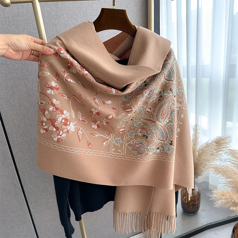 VILZSTUDIOS New Luxury Design Winter Embroidery Cashmere Scarves High Quality Women Thicken Wrap Shawl Ladies Warm Wool Pashmina Scarf