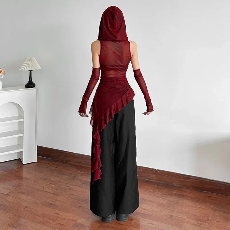 VILZSTUDIOS Sheer Mesh Grunge Irregular Hem Hoodie