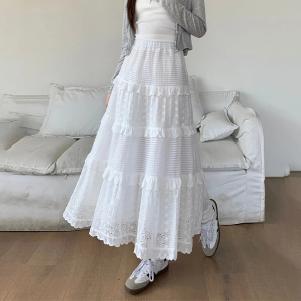 Elegant White Lace Patchwork Midi Skirt