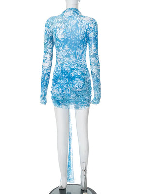 VILZSTUDIOS Elegant Star Print Pleated Turtleneck Dress