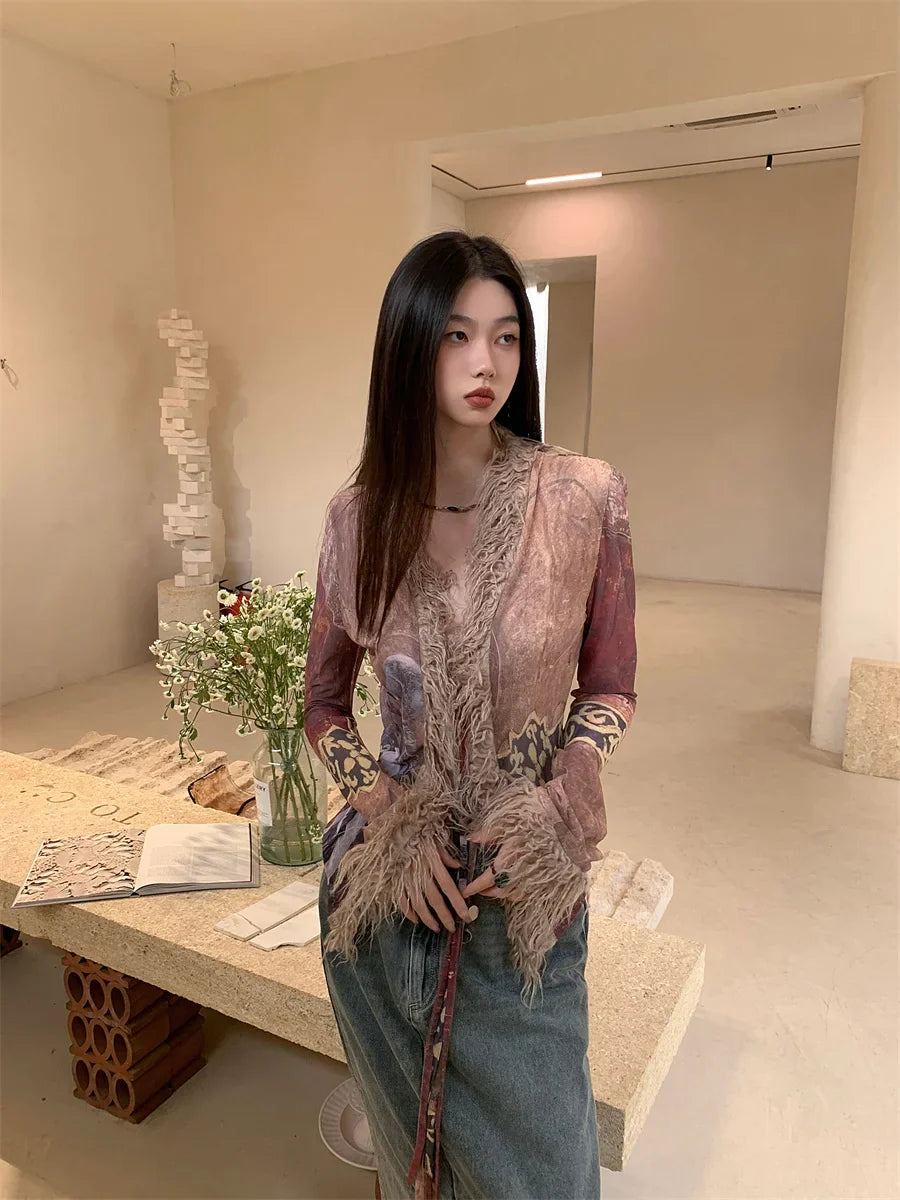 VILZSTUDIOS Ethnic Mesh Designer Fur Collar Coat