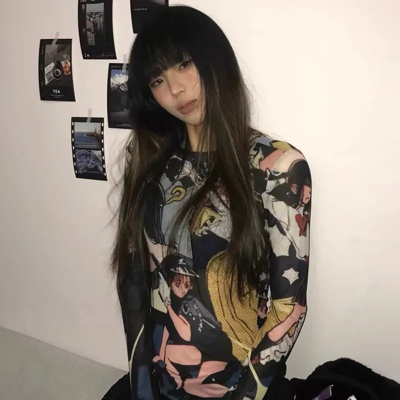 VILZSTUDIOS Sheer Mesh Japanese Anime Print T-Shirt