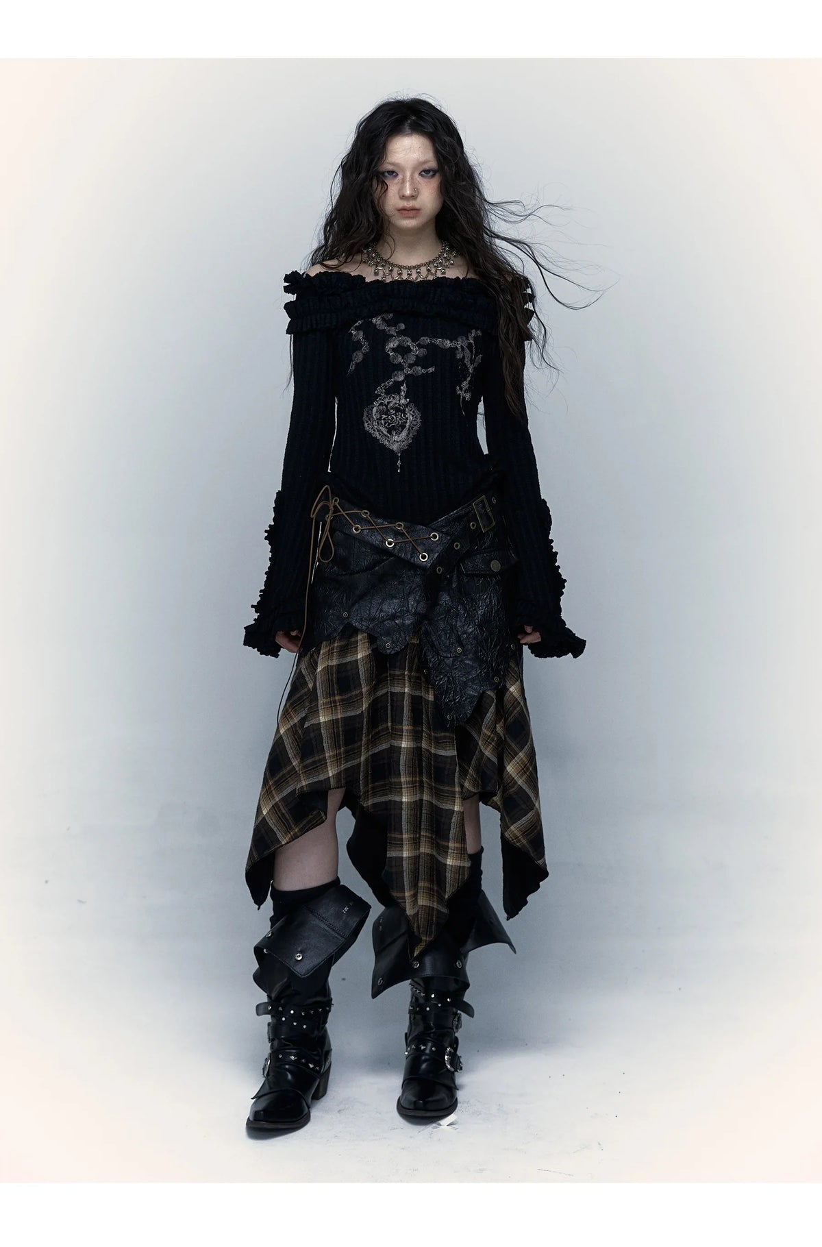VILZSTUDIOS Grunge Aesthetics Plaid Patchwork Skirt Gothic