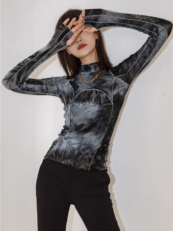 Grey Black Tie Dye Turtleneck Top