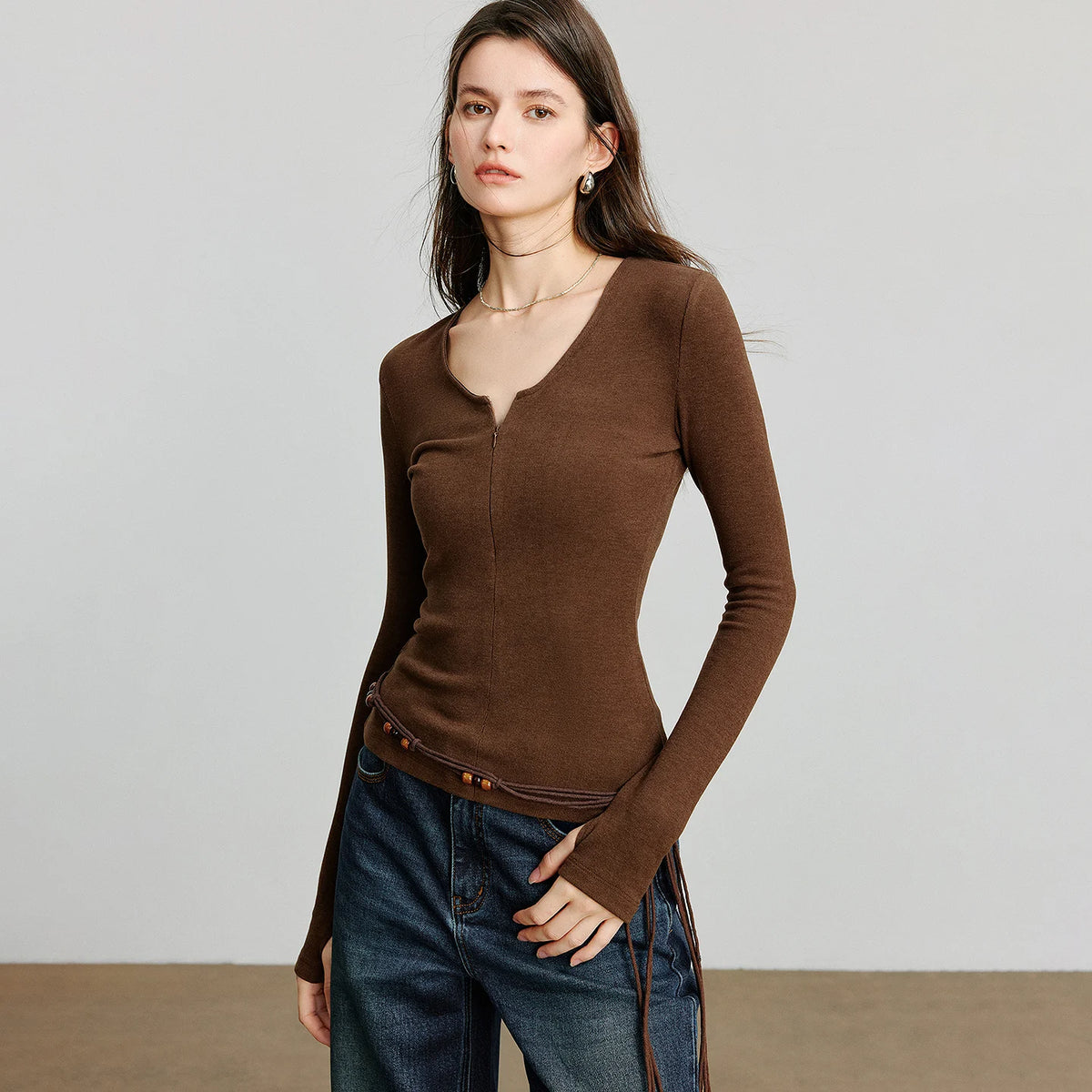 VILZSTUDIOS Cozy Autumn V-Neck Long Sleeve T-Shirt
